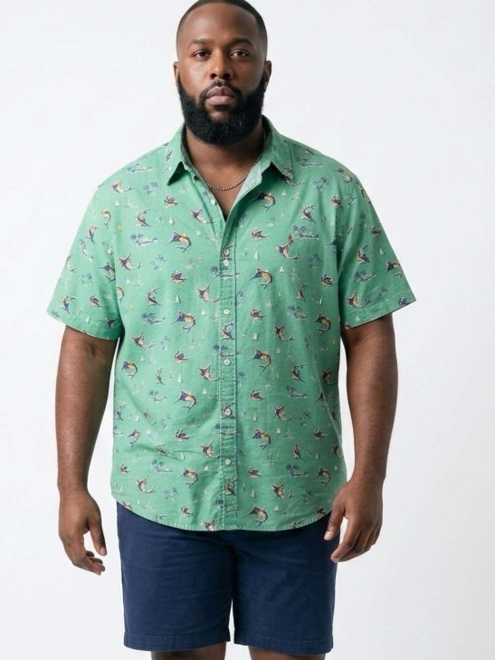 Ralph Lauren Men's XXL Green Graphic fish Print Short Sleeve Oxford‎ Shirt